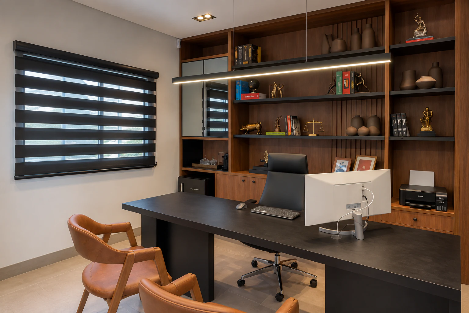 Gabinete do Harrison Leite Advogados em Irecê, com estante de livros jurídicos atrás da mesa de trabalho.