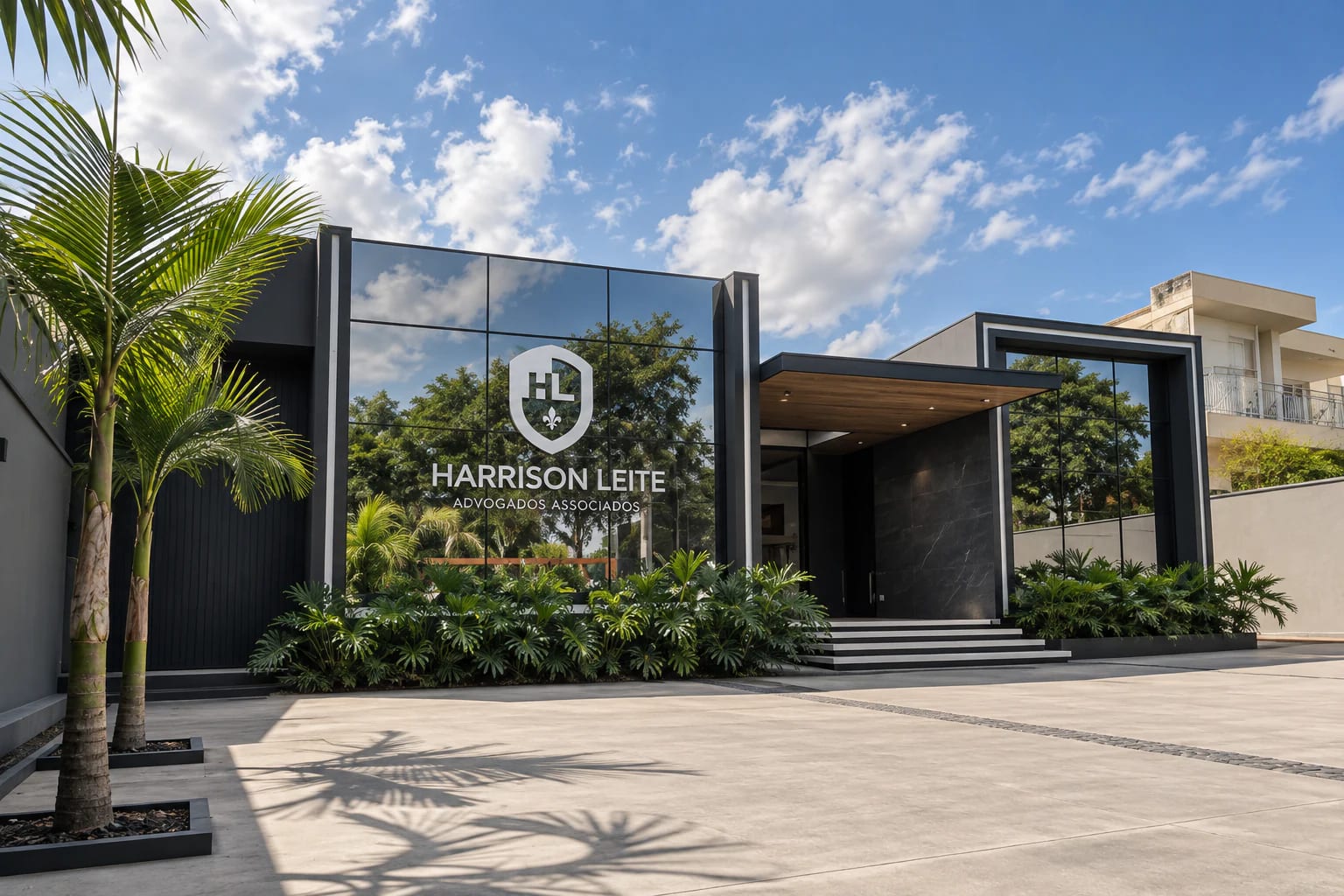 Fachada da sede do Harrison Leite Advogados em Itabuna, com o brasão sobre o volume de vidro.